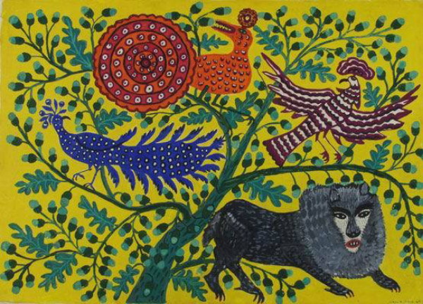 Image - Mariia Pryimachenko: Animals Visiting the Lion (1963).